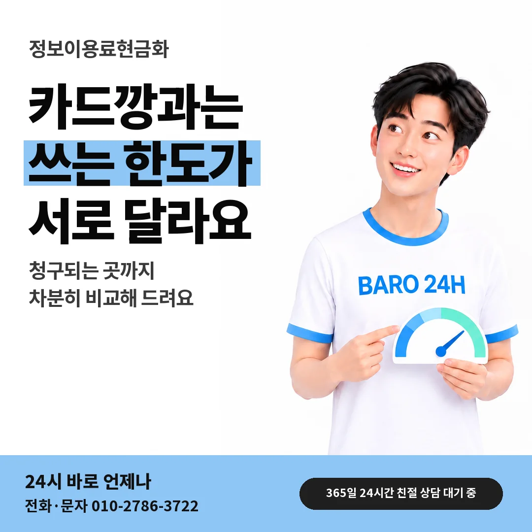 BARO 24H 티셔츠를 입은 3D 인물 옆에 「카드깡과 정보이용료 차이」 제목을 얹은 안내 카드