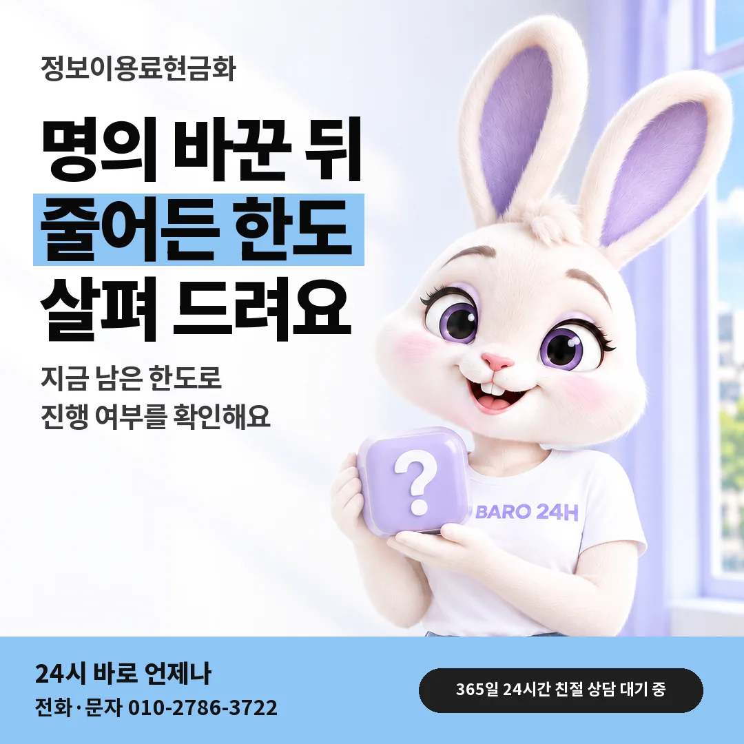 물음표 상자를 든 BARO 24H 티셔츠를 입은 3D 토끼 캐릭터 옆에 「명의 변경 직후 한도」 제목을 얹은 안내 카드