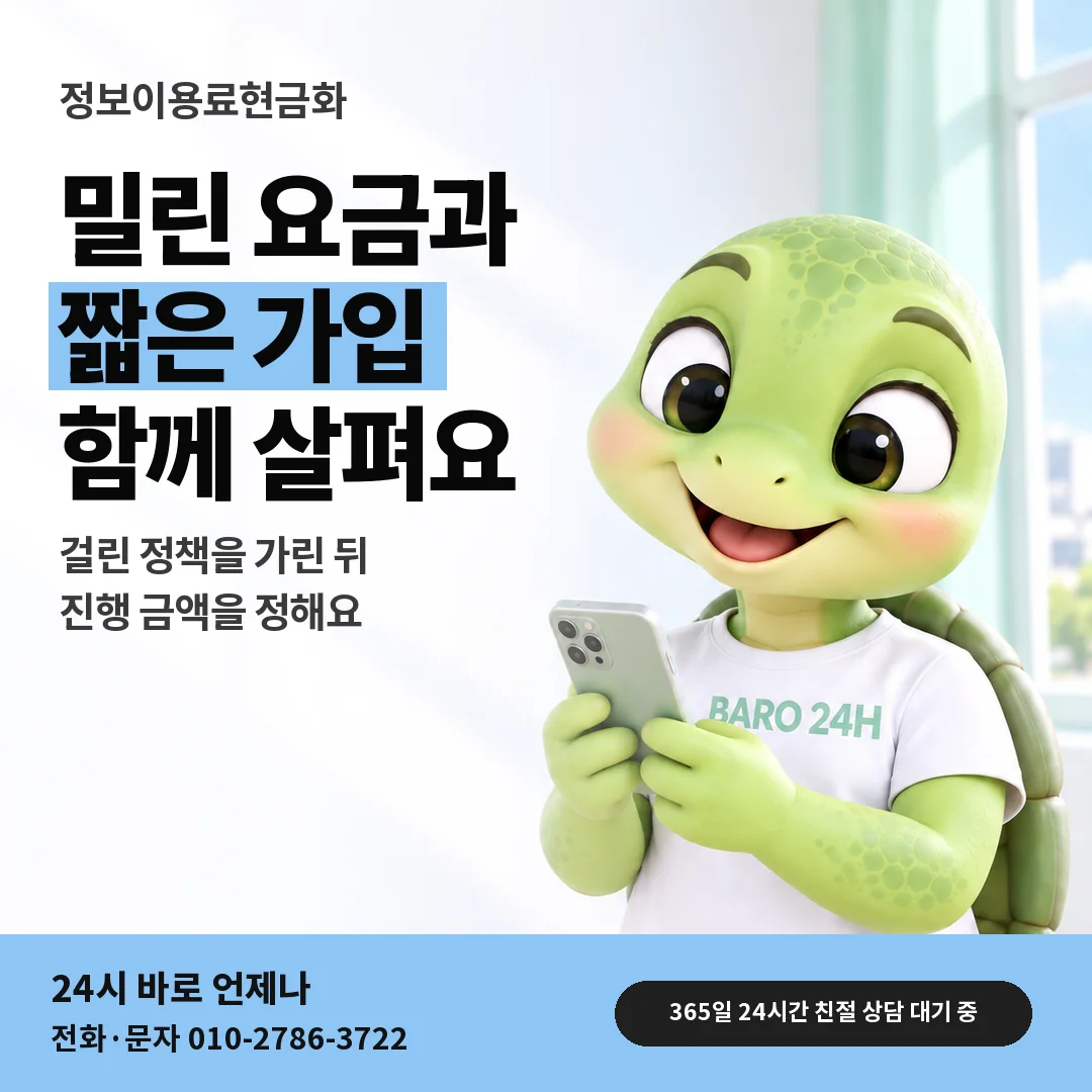 BARO 24H 티셔츠를 입은 3D 거북이 캐릭터 옆에 「미납 · 신규 정책 확인」 제목을 얹은 안내 카드