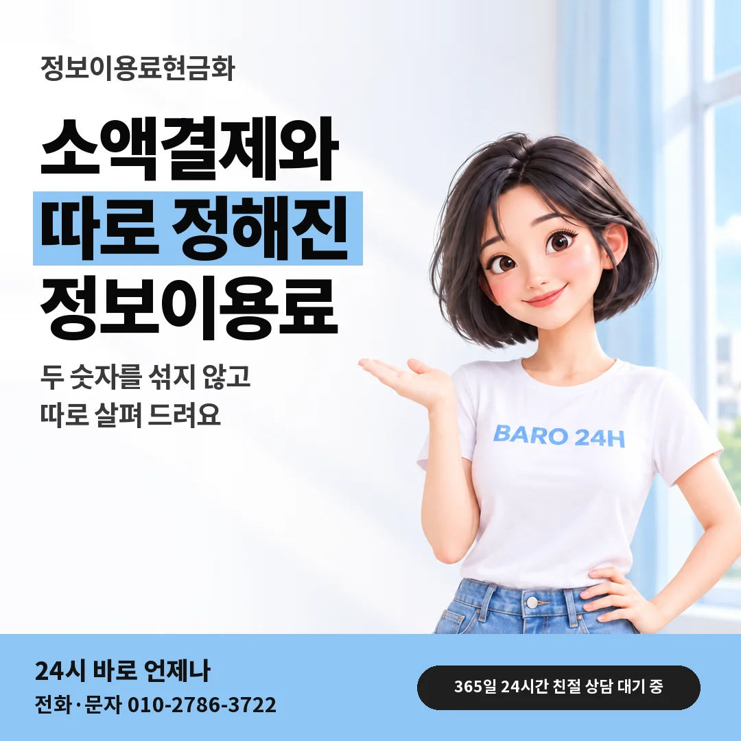 BARO 24H 티셔츠를 입은 3D 인물 옆에 「소액결제 한도와 따로 보기」 제목을 얹은 안내 카드