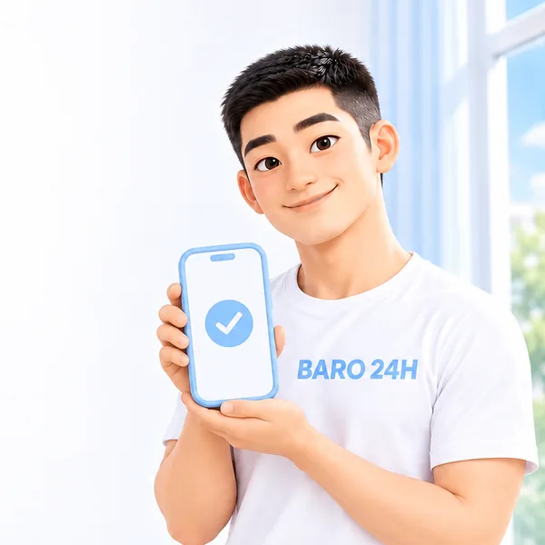 휴대폰 화면을 보여 주며 연락 방법을 알려 주는 3D 인물